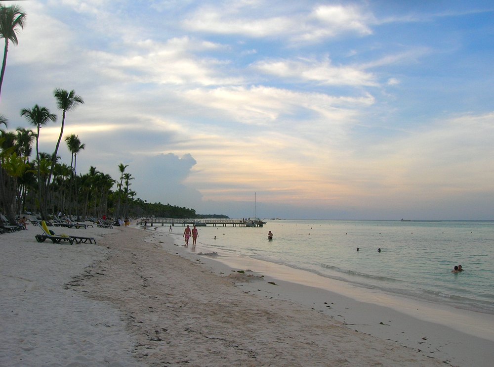 Areia branca e coqueiros na praia de Bávaro em Punta Cana