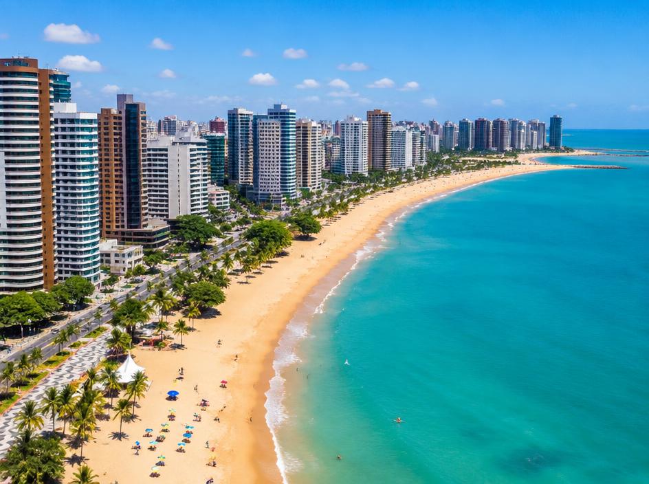 Imagem ilustrativa da orla de Fortaleza com praia e edifícios